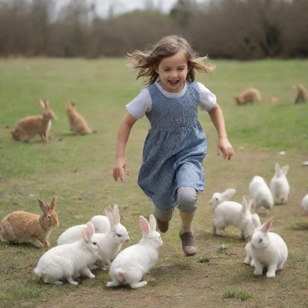a girl runs and plays with a group of rabbits.