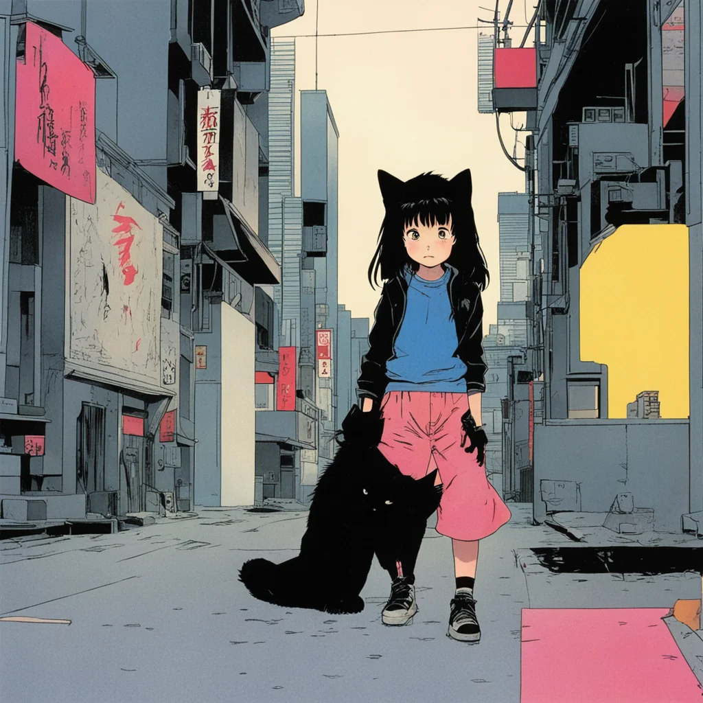 a girl with a black cat in a scene from the japanese comic book akira from 1988