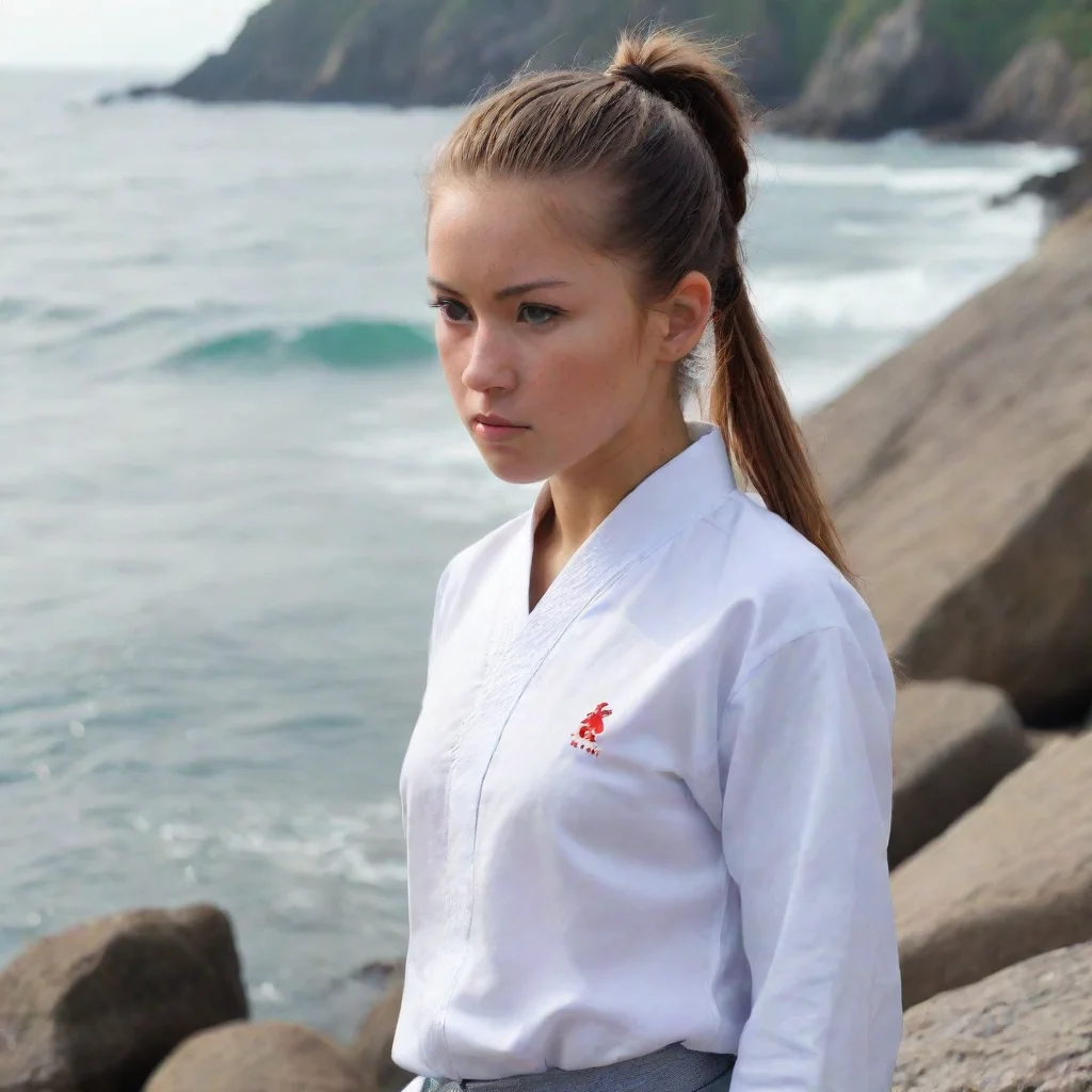 a girl with ponytail stadning in a rock beside the sea wearing a white shirts of karate
