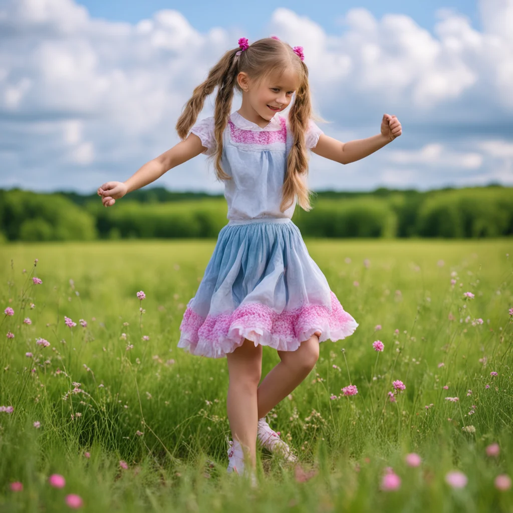 a girl with two pigtails dances a national dance in a meadow amazing awesome portrait 2