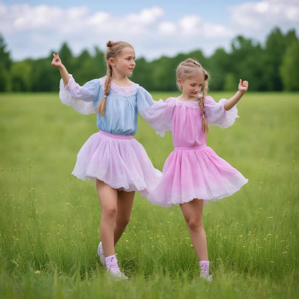 aia girl with two pigtails dances a national dance in a meadow