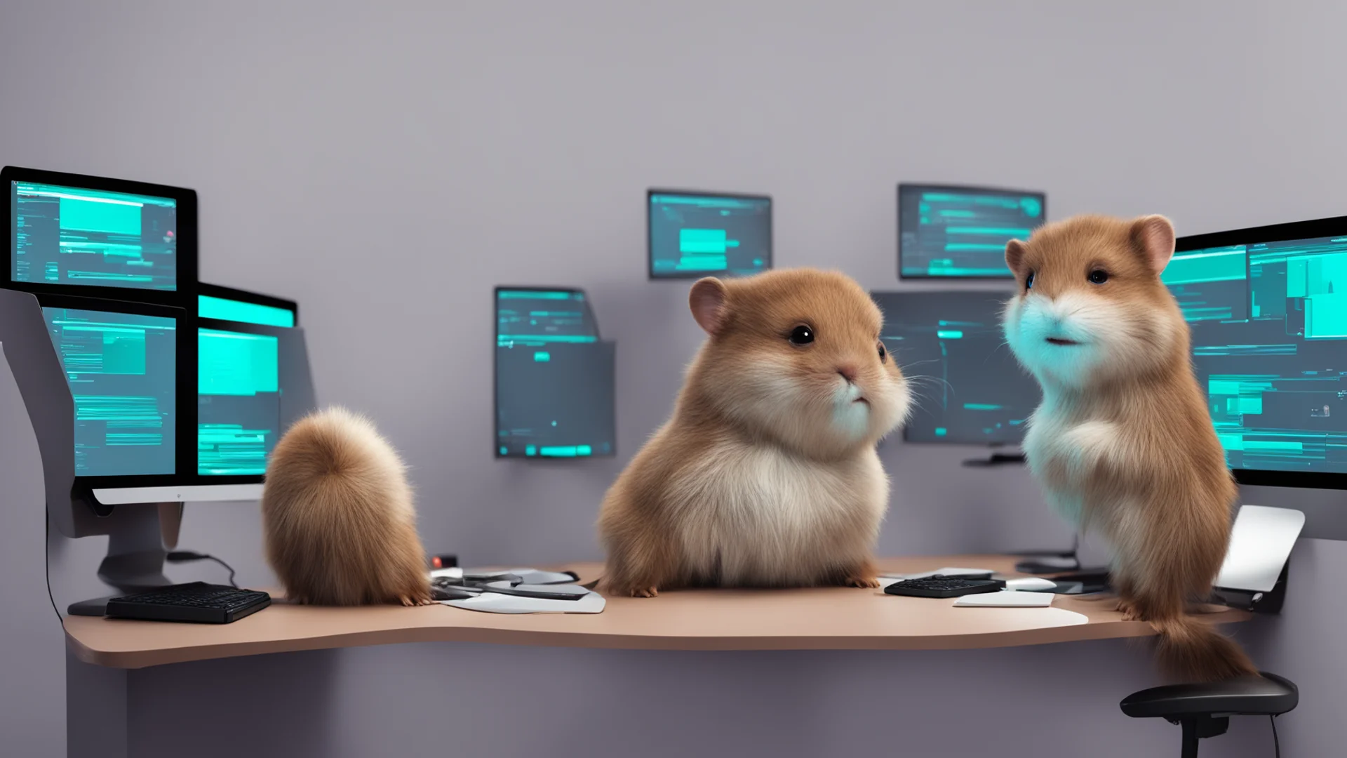 a golang gopher sitting in front of 3 monitors and a keyboard good looking trending fantastic 1 wide