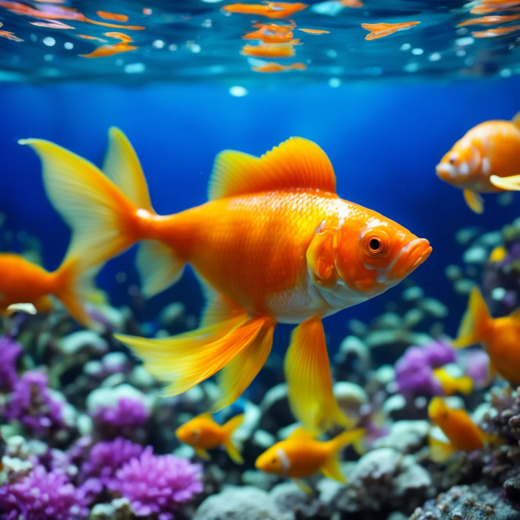 aia goldfish swimming in a beautiful%2C bluish aquarium