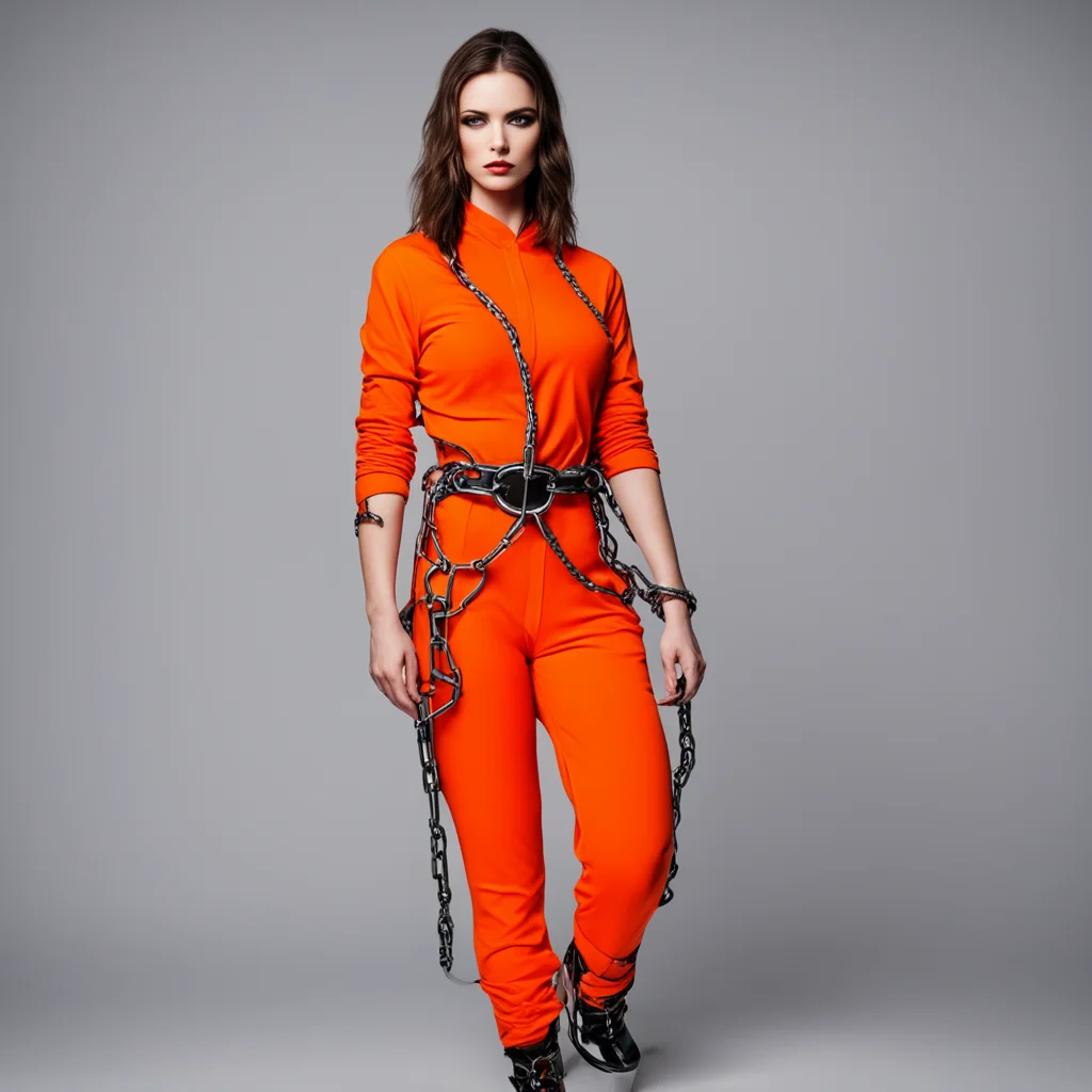 aia gorgeos woman with her arms and legs bound with chains she is wearing an orange prison jumpsuit. seductive