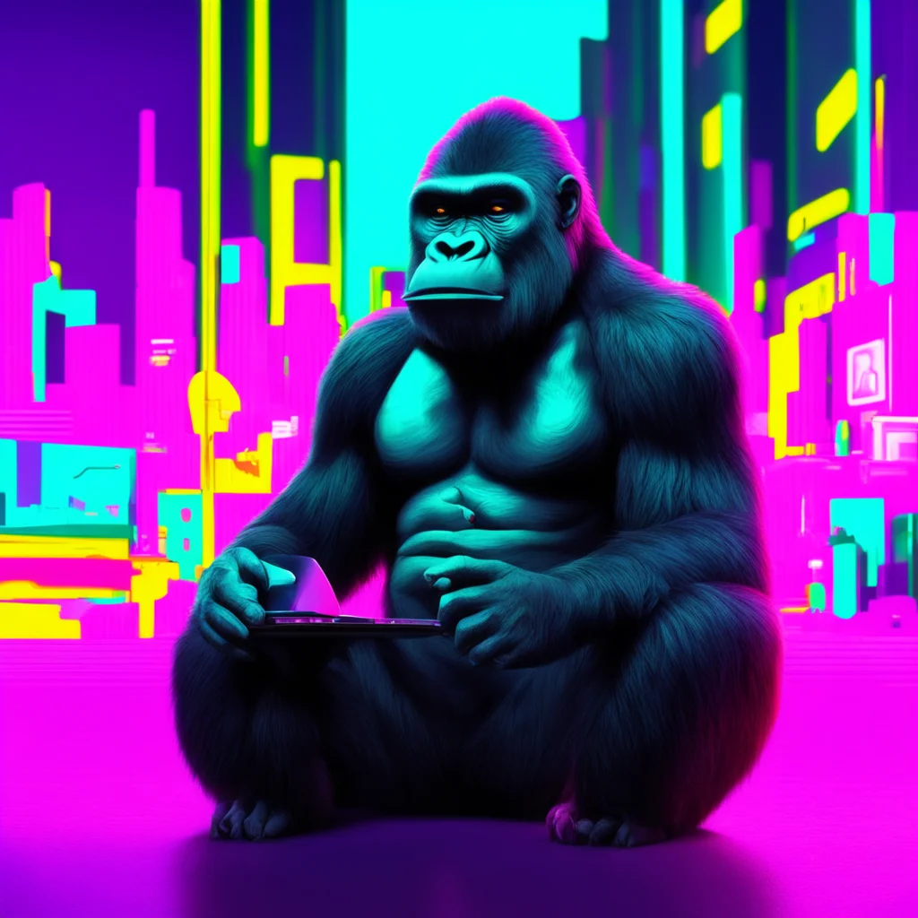 a gorilla in sitting in a neon city with a laptop and a coffee confident engaging wow artstation art 3