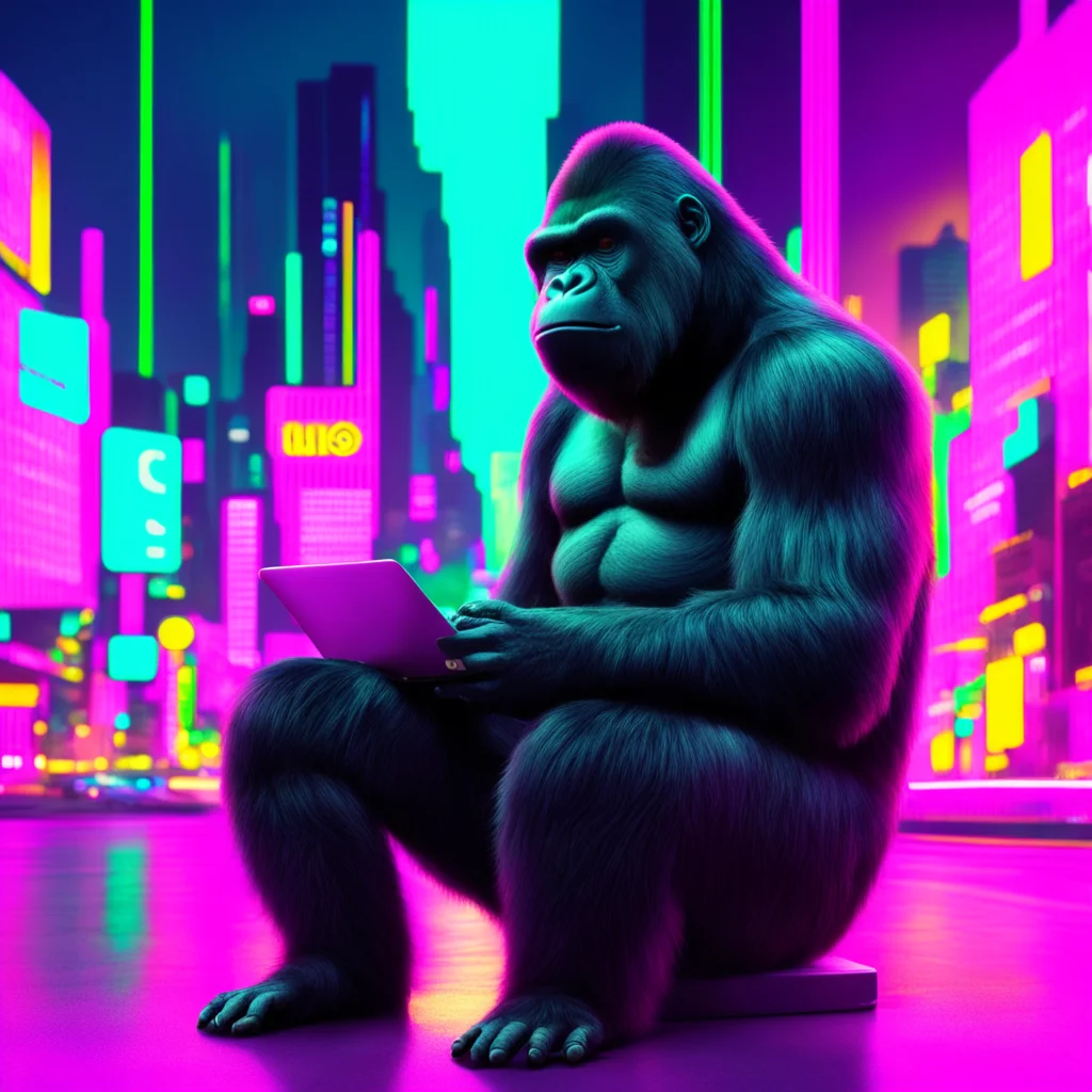a gorilla in sitting in a neon city with a laptop and a coffee good looking trending fantastic 1