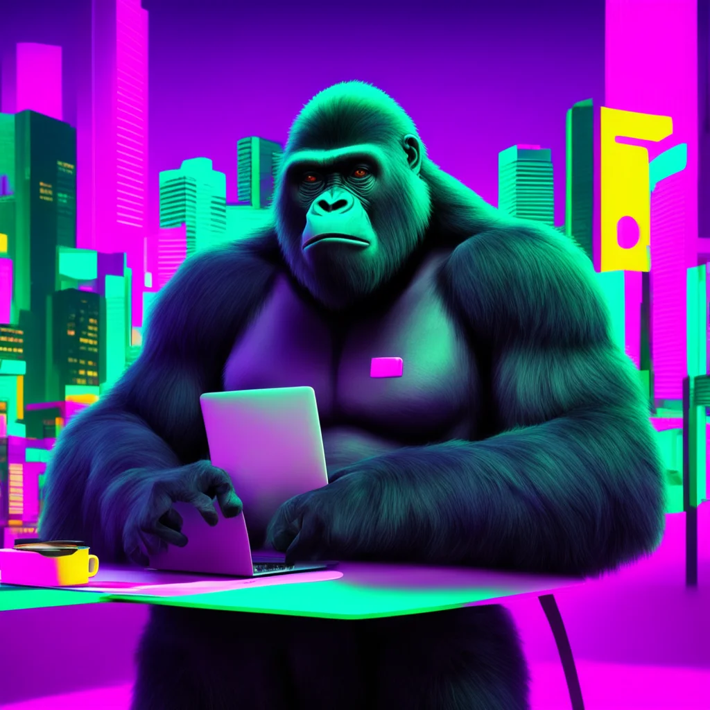 a gorilla in sitting in a neon city with a laptop and a coffee