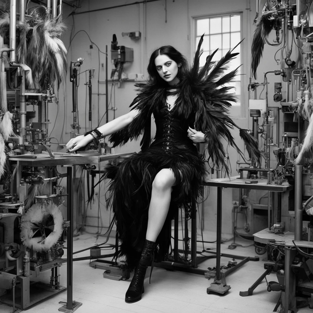a gothic woman being tickled on her bare feet in a contraption by feathers and brushes in a laboratory good looking trending fantastic 1
