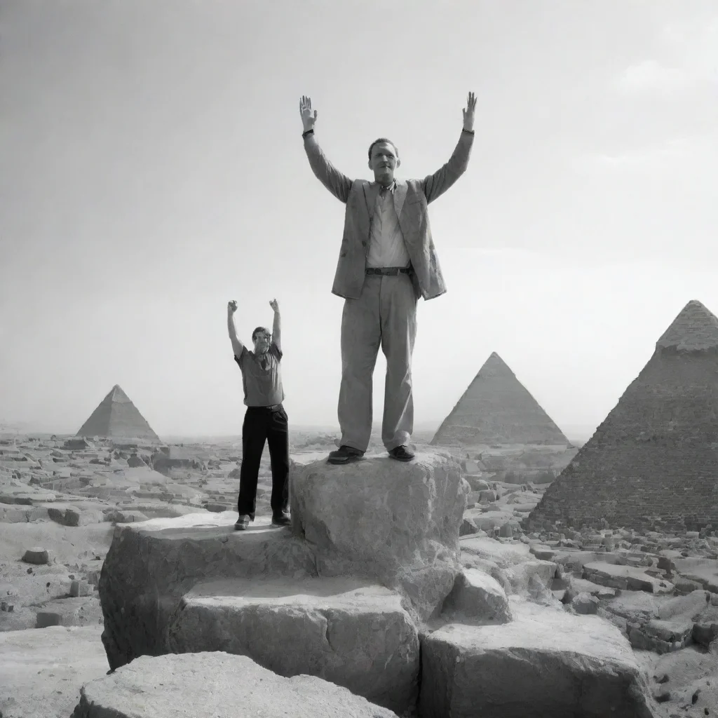 a greyscale image of a man standing atop a cliff with his hands in the air and pyramids in the background