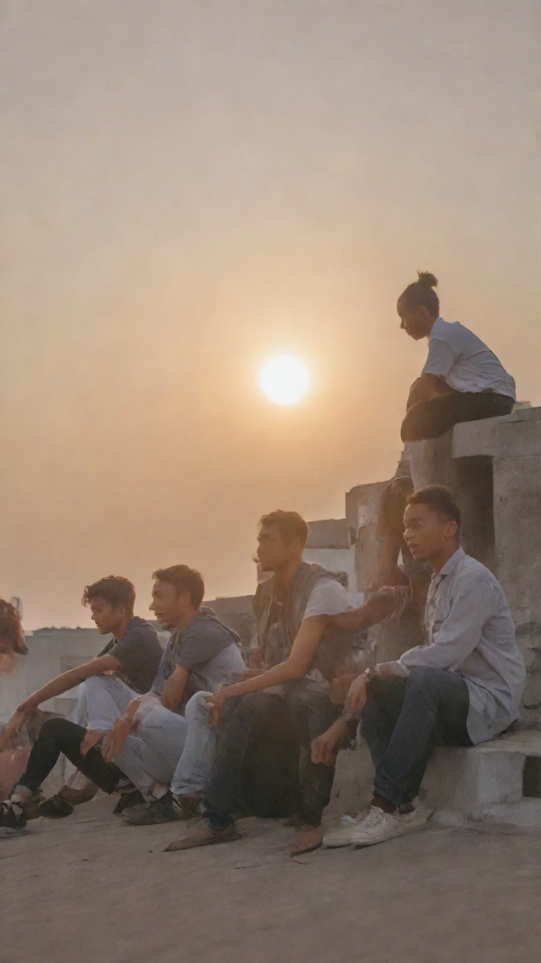 aia group of 4 male students sitting at a rooftop while sunset happens tall