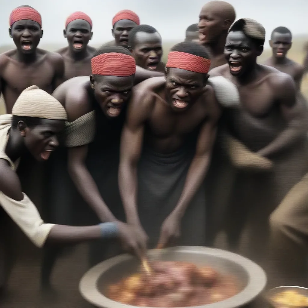 a group of africans revolted by the sight of grotesque food
