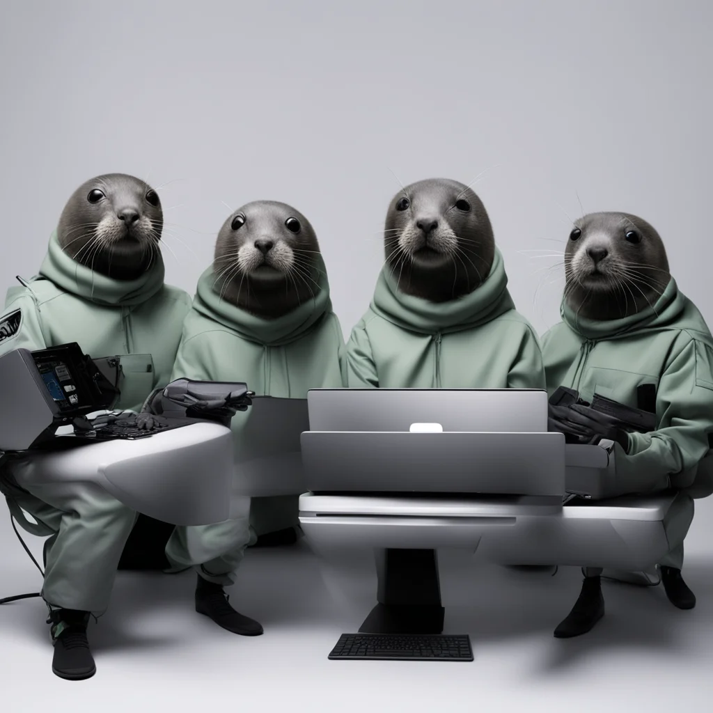 a group of seals using computers with hacker outfits