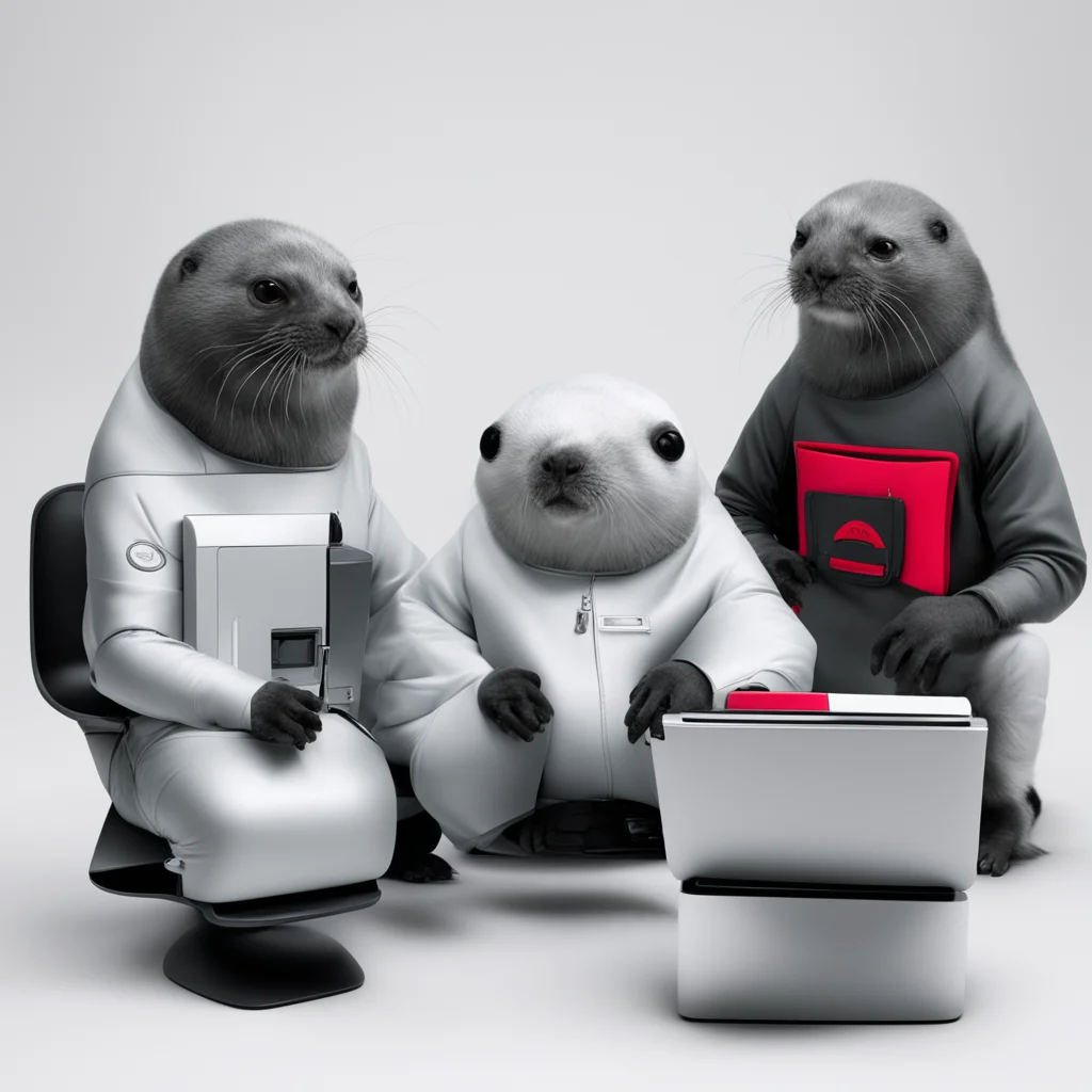aia group of three seals using computers. one wears an epfl outfit%2C one an unil outfit%2C and one a heig vd outfit confident engaging wow artstation art 3