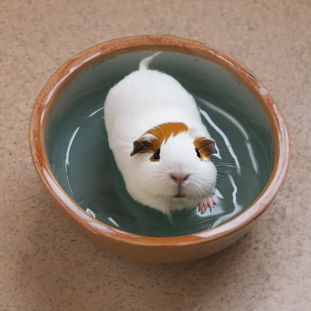 a guinea pig doing the back stroke in a small bowl of water