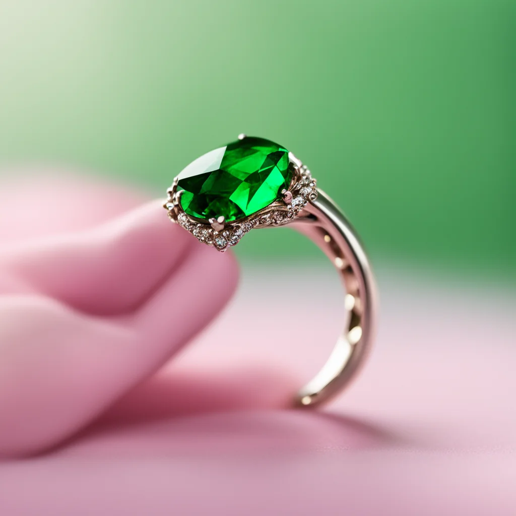 aia hand%E2%80%99s pinky finger only elegantly displays a silver ring with a pristine emerald gemstone set beside the prong%2C catching the soft light%2C against a subtly blurred backdrop