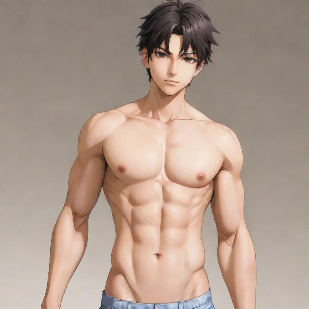 a handsome anime boy without shirt showing his abs