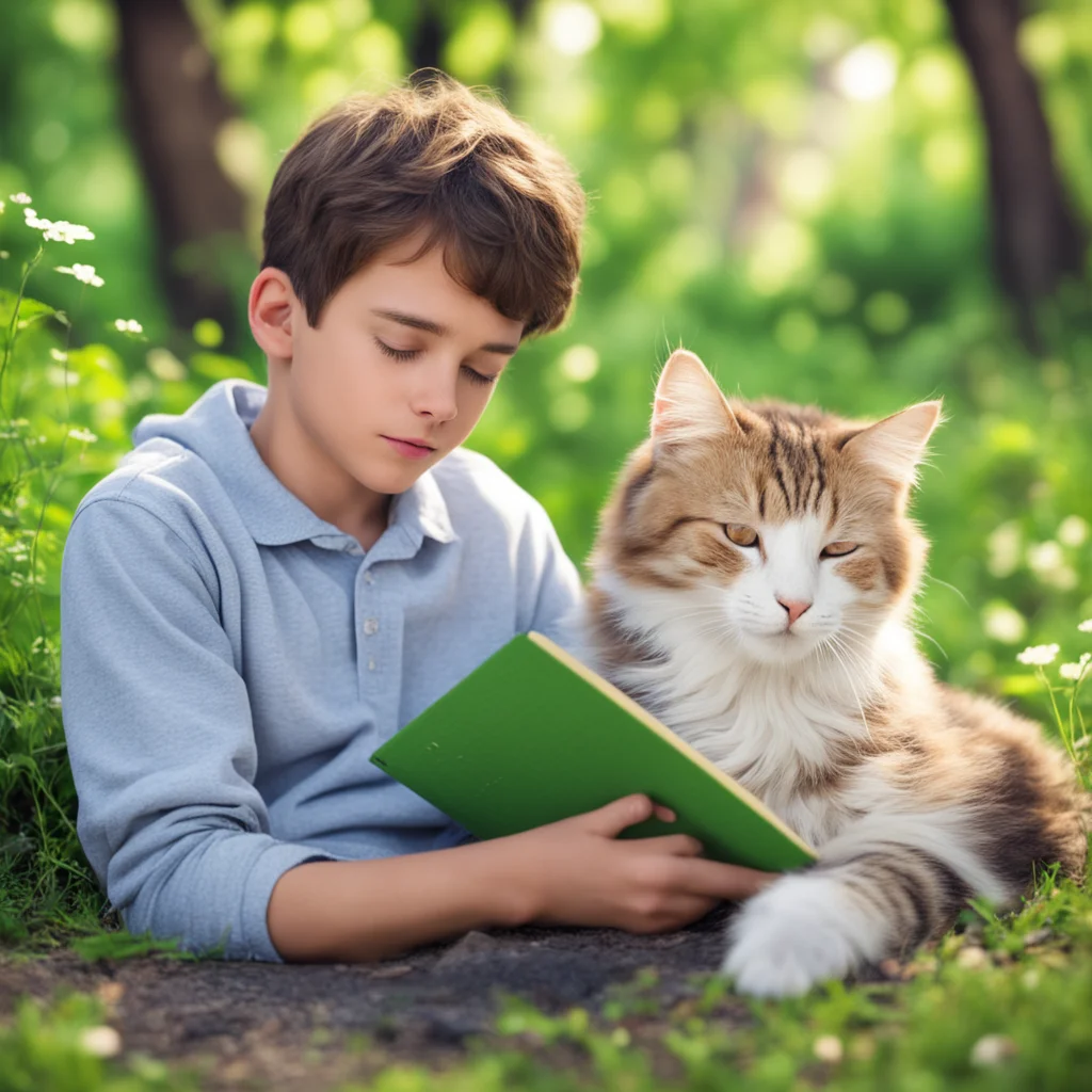 a handsome boy reading a book in nature with a cat sleeping next to him good looking trending fantastic 1