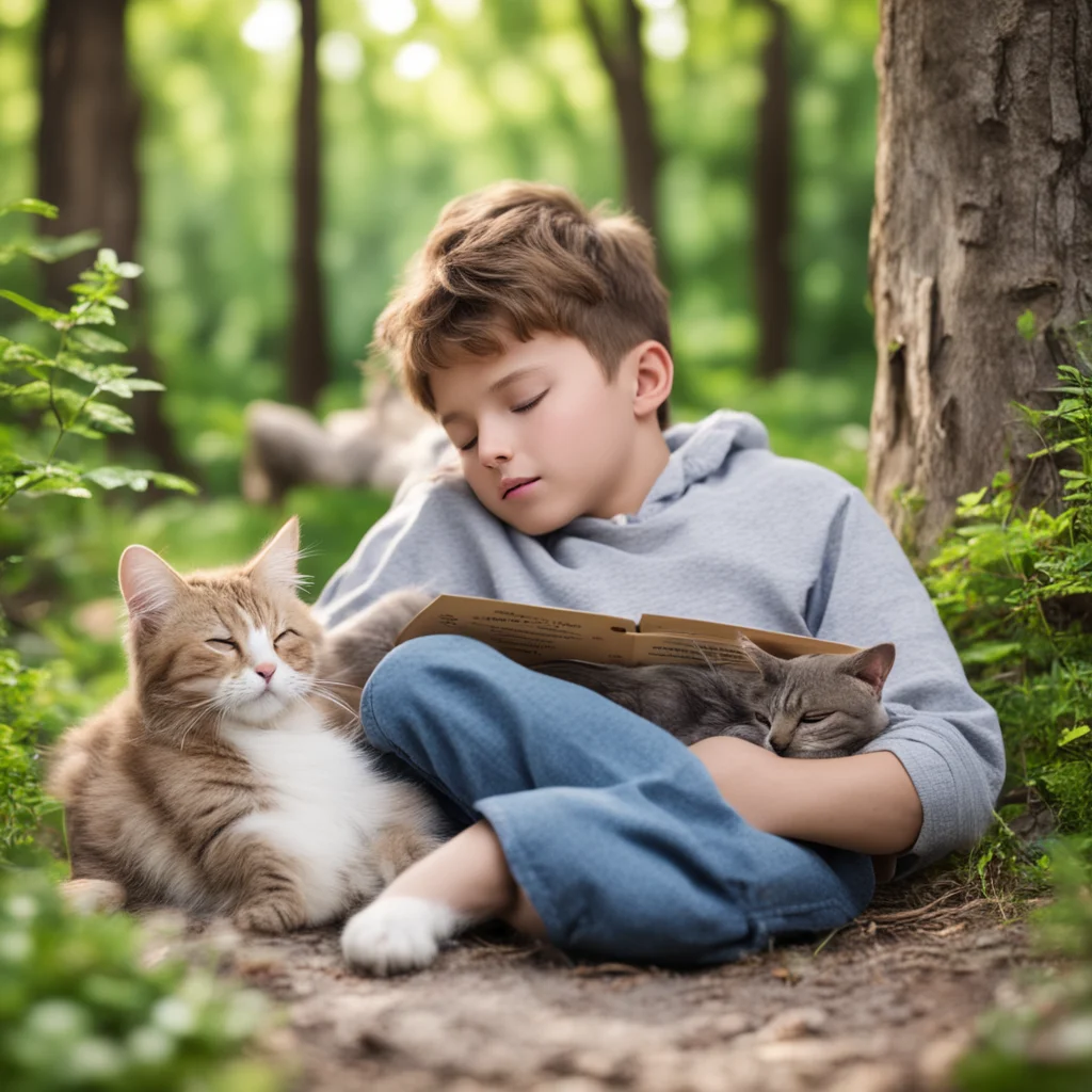 aia handsome boy reading a book in nature with a cat sleeping next to him