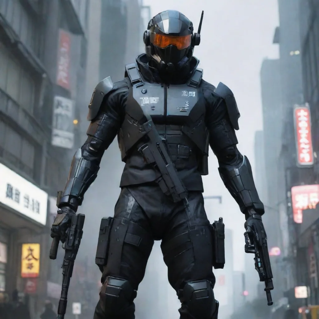 aia high fidelity sci fi police carrying a long carbine covered in black battle suit in a highly technologically tokyo city inspired by yoji shinkawa high deta