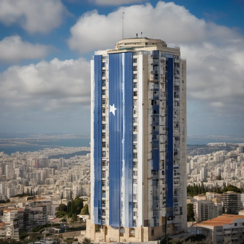 a high rise building in haifa%2C towering on the carmel mountain%2C with a background of blue sky with a few white clouds. on top of it is the israeli flag.  photograph quality.  high