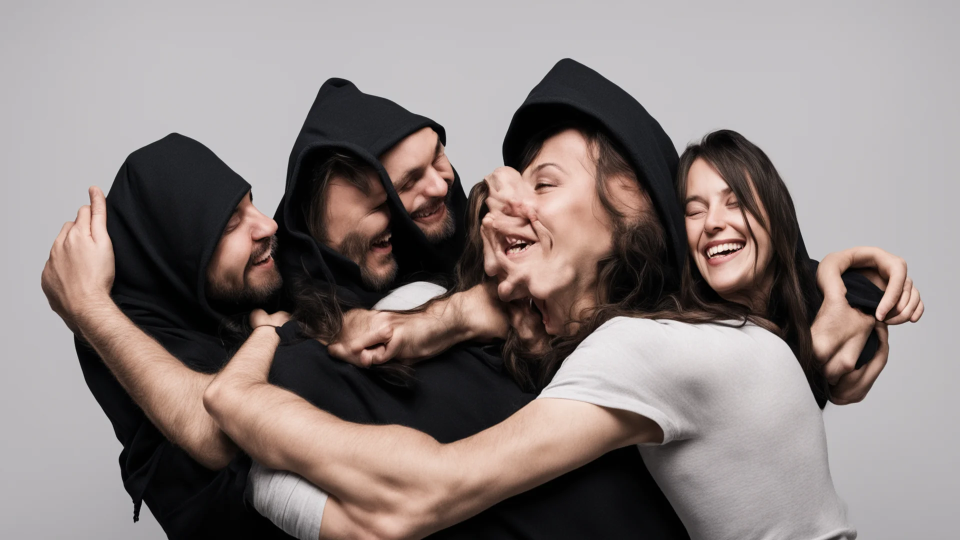 aia hooded man tickling the armpits of a restrained woman%2C laughing hysterically amazing awesome portrait 2 wide