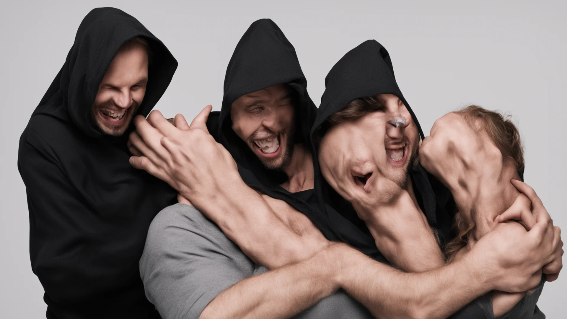 aia hooded man tickling the armpits of a restrained woman%2C laughing hysterically wide