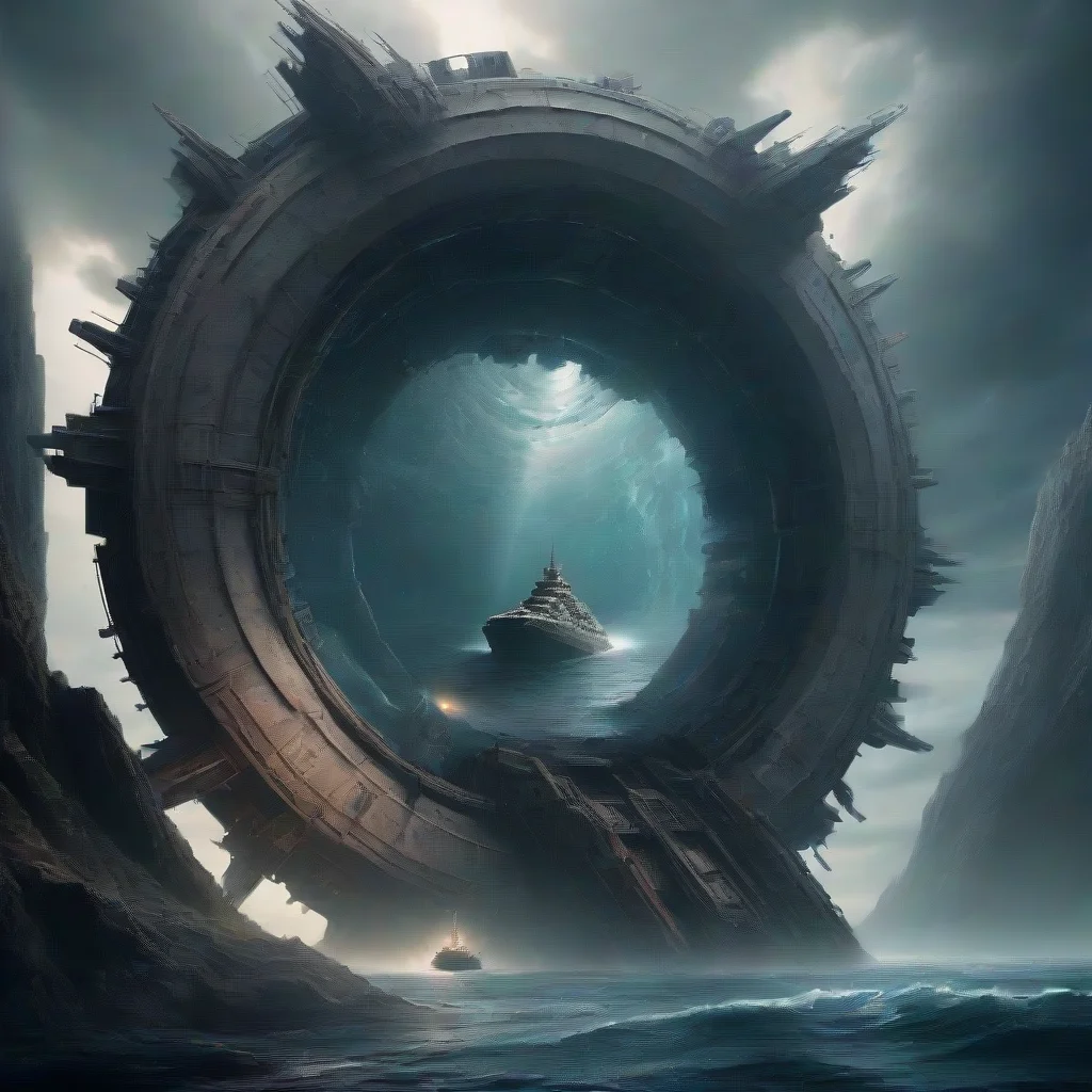 aia huge portal opening up another dimension with water and ocean a huge demaged abandoned space battleship connecting wit