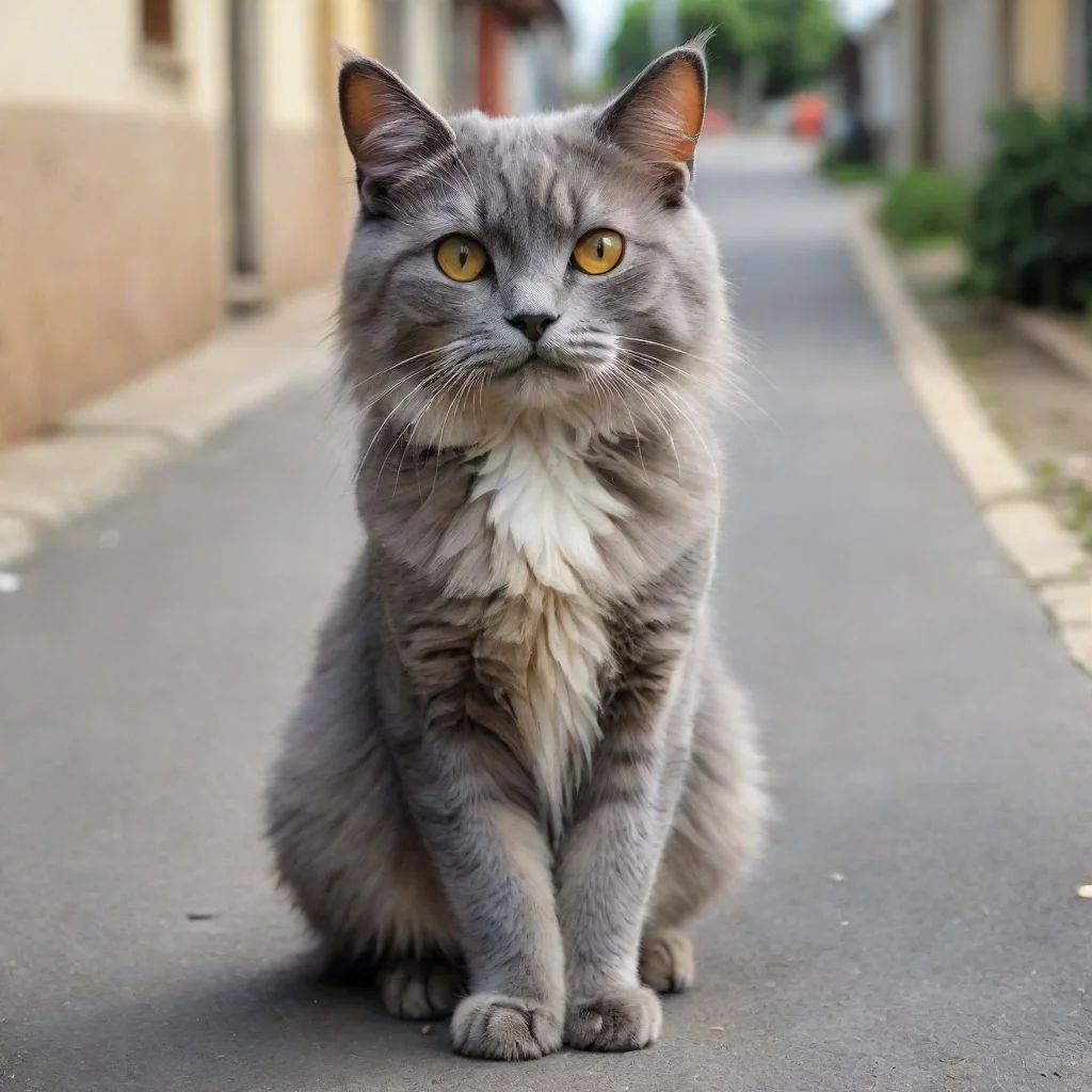 aia imagen de um gato que tem o pelo da cor do arco %C3%ADris%2C ele esta brincando na cal%C3%A7ado de uma rua em volta de pr%C3%A9dios e casas%2C tudo exceto o gato tem tons de cinza.