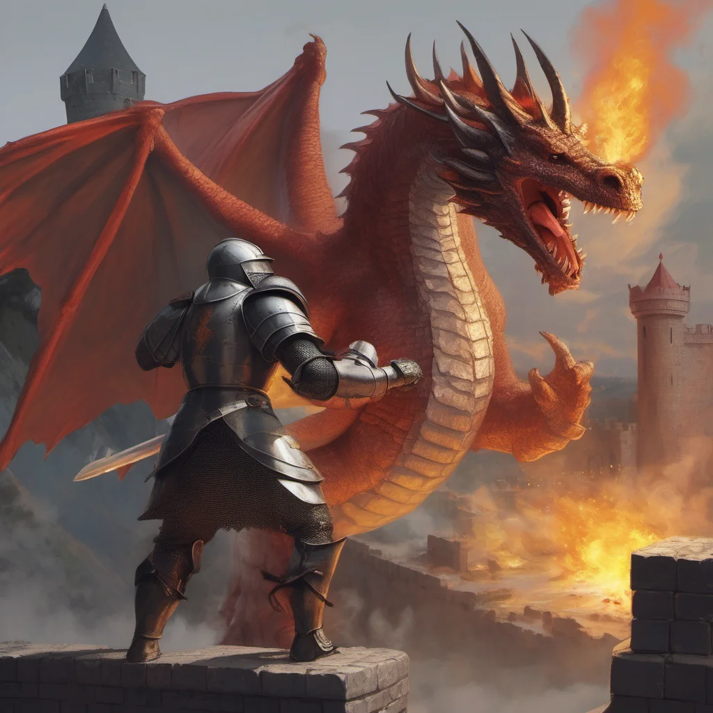 a knight blocking a fire breath from a dragon on an edge of a castle amazing awesome portrait 2