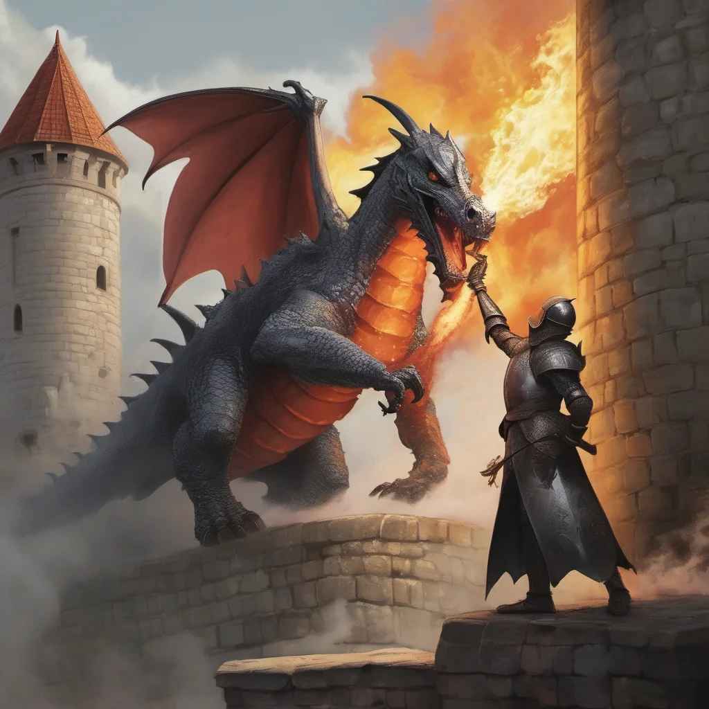 a knight blocking a fire breath from a dragon on an edge of a castle confident engaging wow artstation art 3