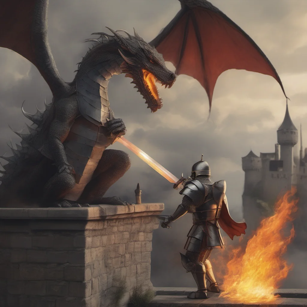 a knight blocking a fire breath from a dragon on an edge of a castle good looking trending fantastic 1
