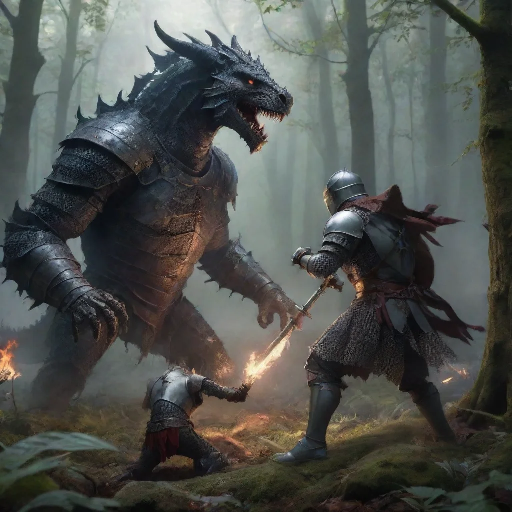 a knight fighting monsters in the forest