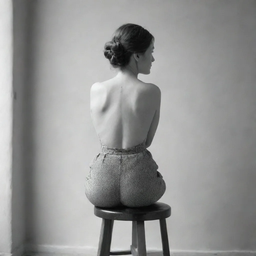 aia lady sits on a stool. camera looks at her back from a low position.