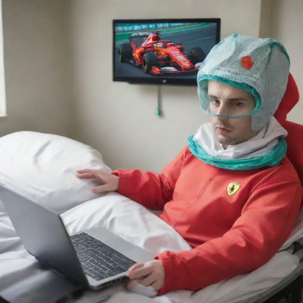 aia laptop with an excel spreadsheet in a hospital bed in a ferrari suit watching the formula 1 on tv