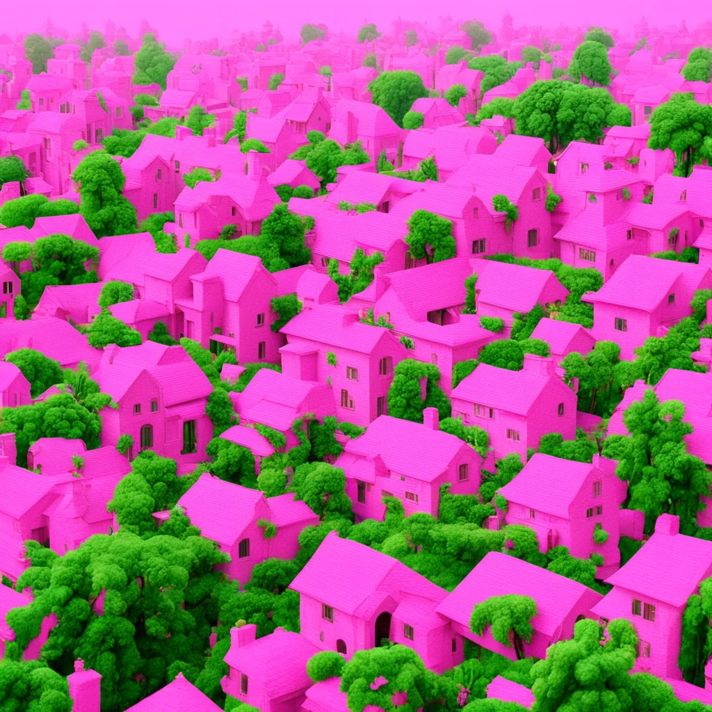 a large pink village with much plants and trees.
