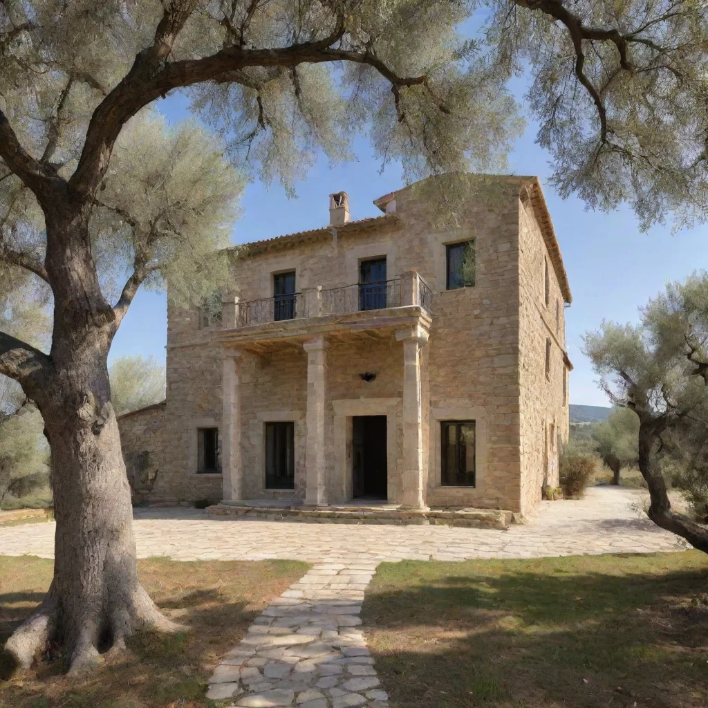 a large two storey stone villa in an olive grove
