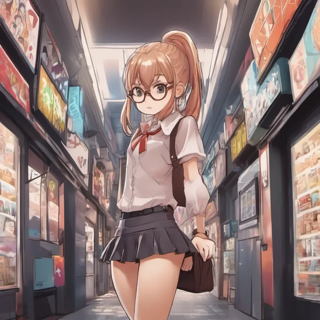 aia low camera view of an adorable nerdy anime woman in an extremely short miniskirt confident engaging wow artstation art 3