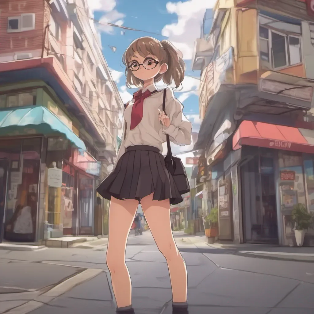 aia low camera view of an adorable nerdy anime woman in an extremely short miniskirt