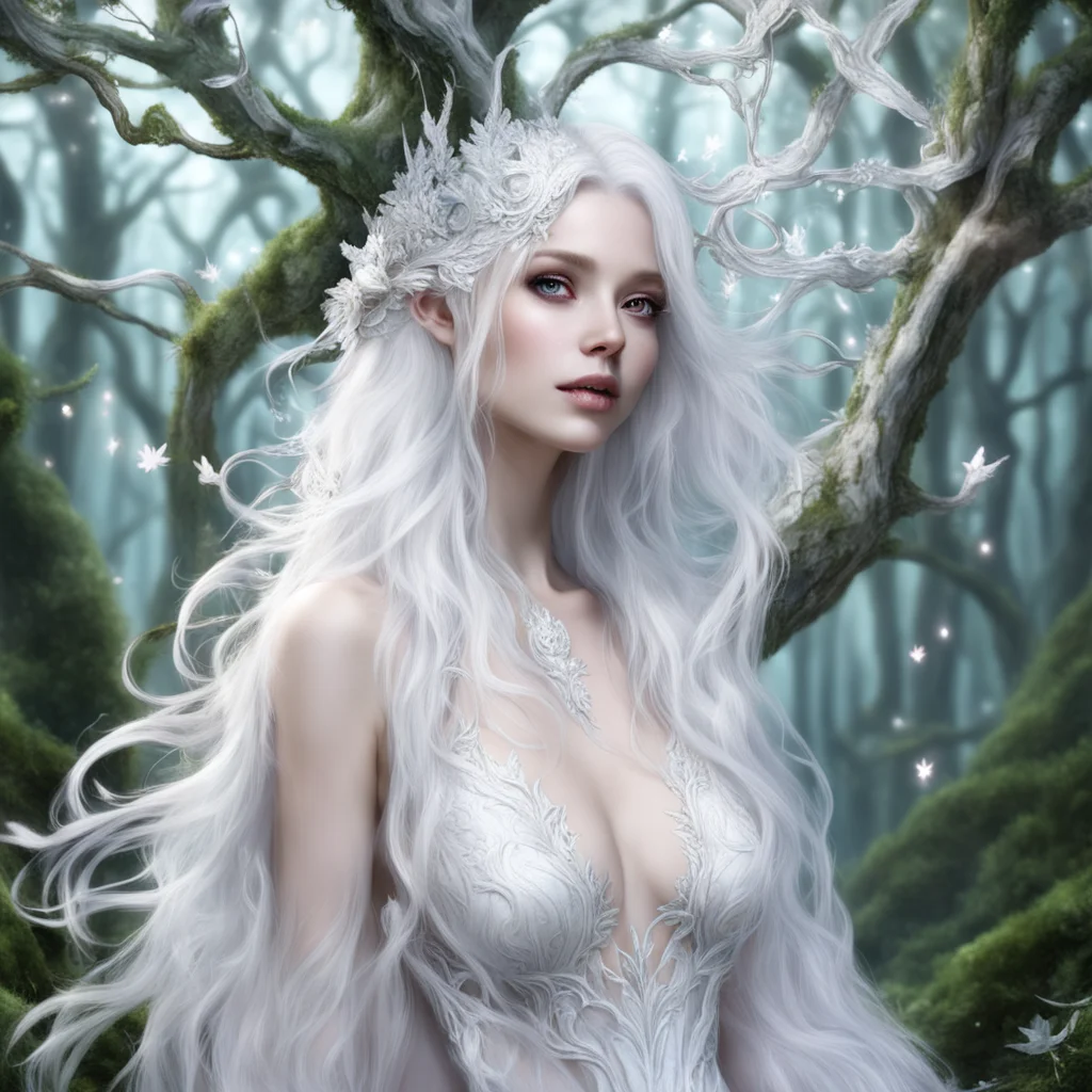 aia magical tree%2C completely hollow  a shiny white fae lady with beautiful silver hair