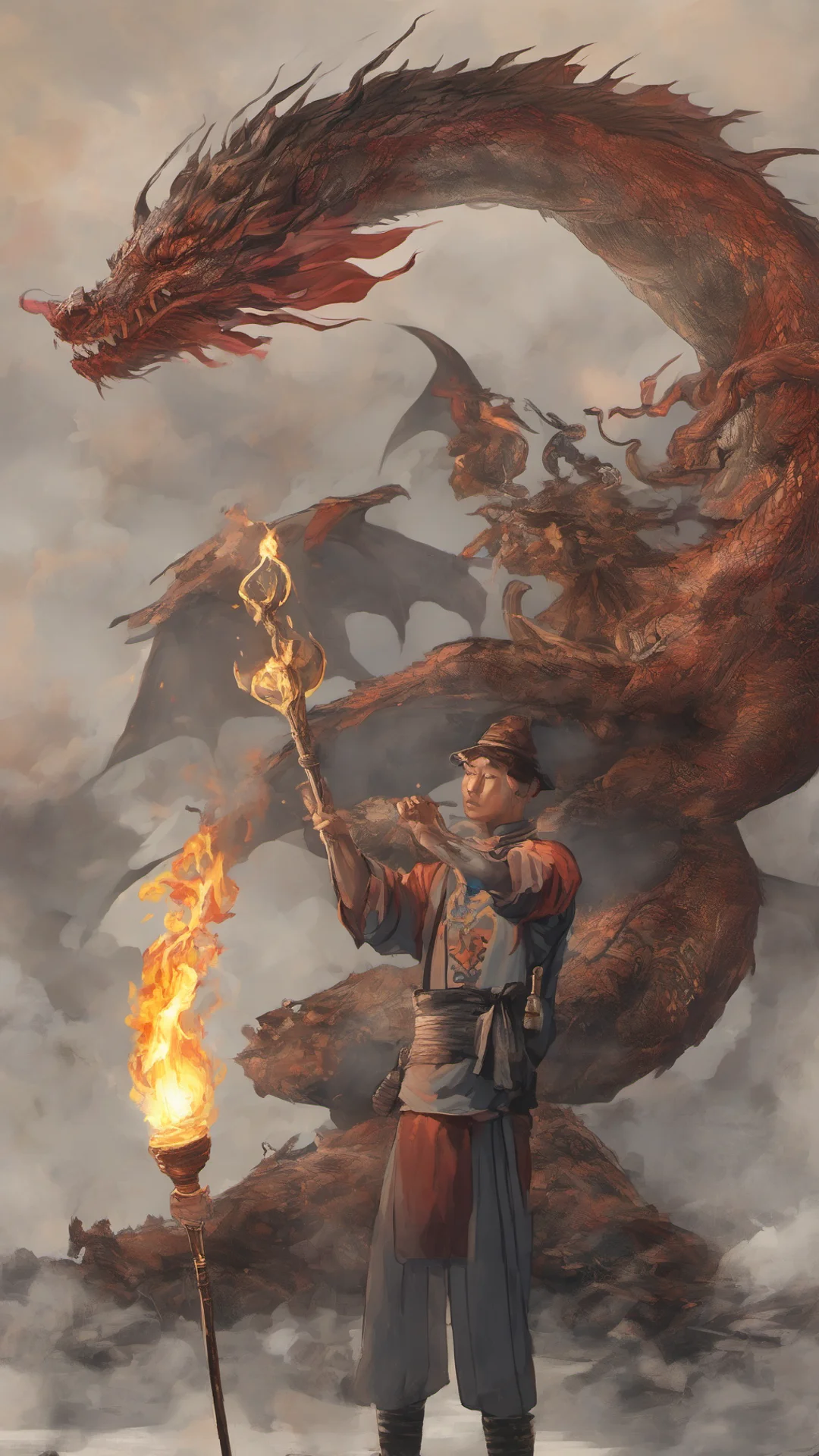 a man holding a torch in front of a dragon amazing awesome portrait 2 tall