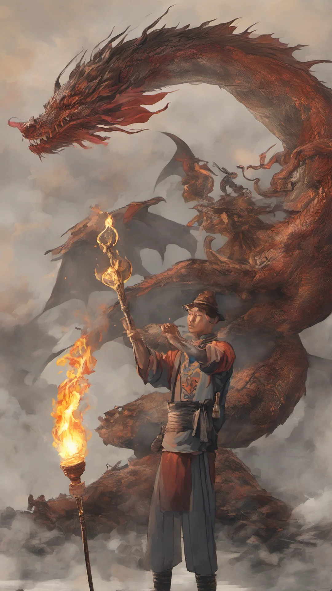 aia man holding a torch in front of a dragon amazing awesome portrait 2 tall