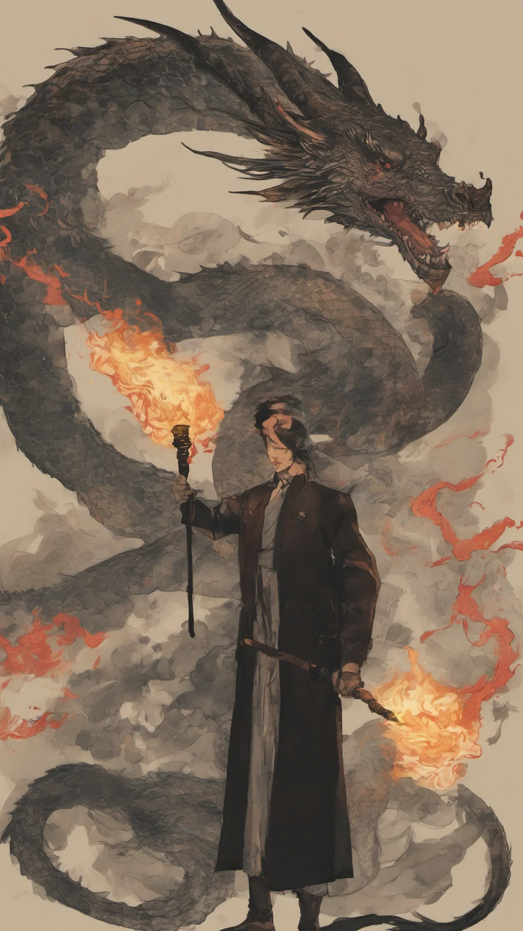 a man holding a torch in front of a dragon confident engaging wow artstation art 3 tall