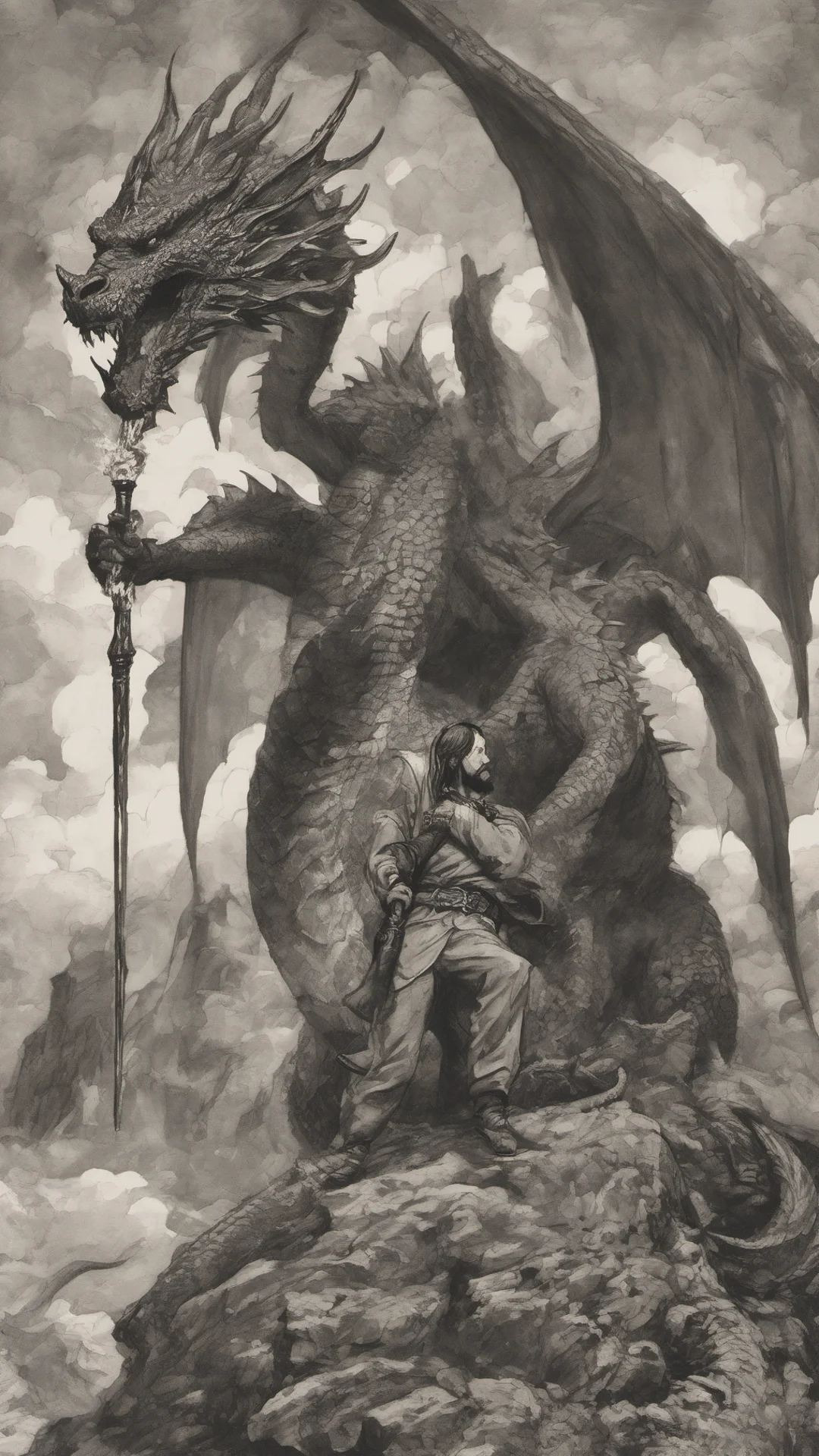 aia man holding a torch in front of a dragon good looking trending fantastic 1 tall