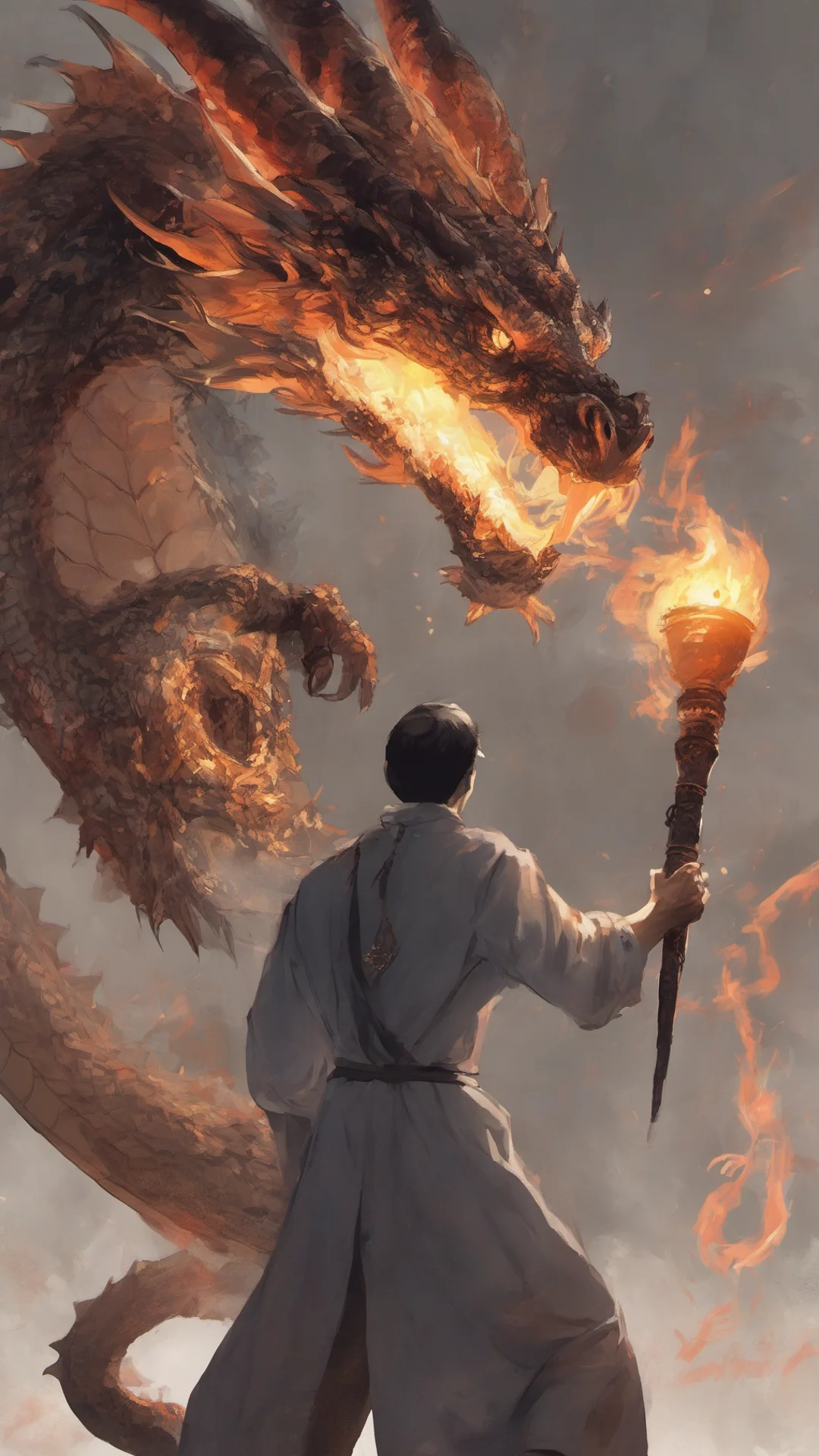 a man holding a torch in front of a dragon tall