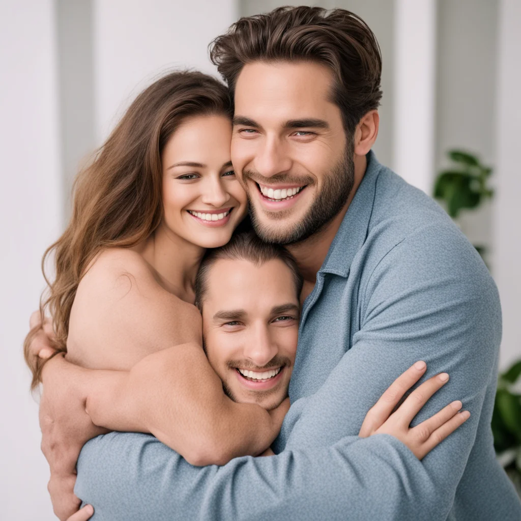 a man hugs his girlfriend from behind with smile face and they looking towards the camera amazing awesome portrait 2