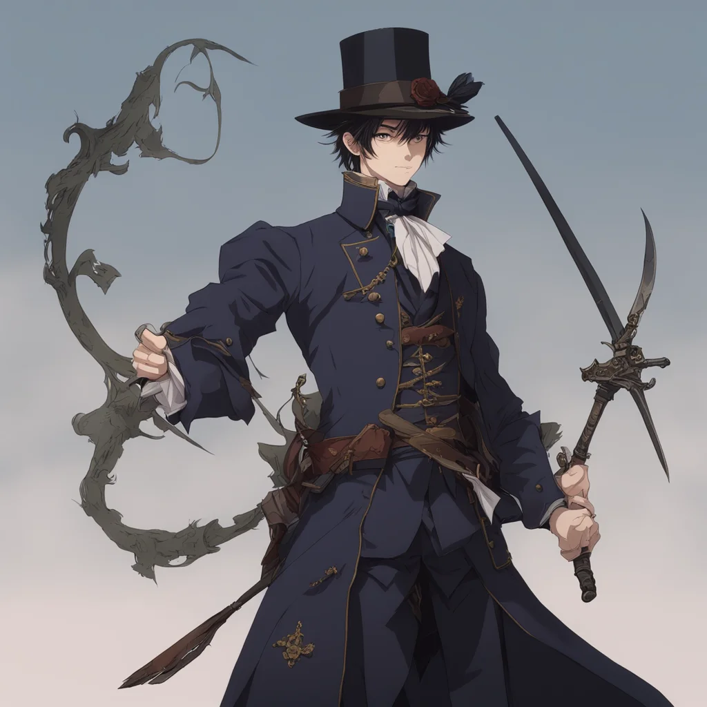 a man in victorian era clothing wielding a gun in one hand and a scythe on the other anime