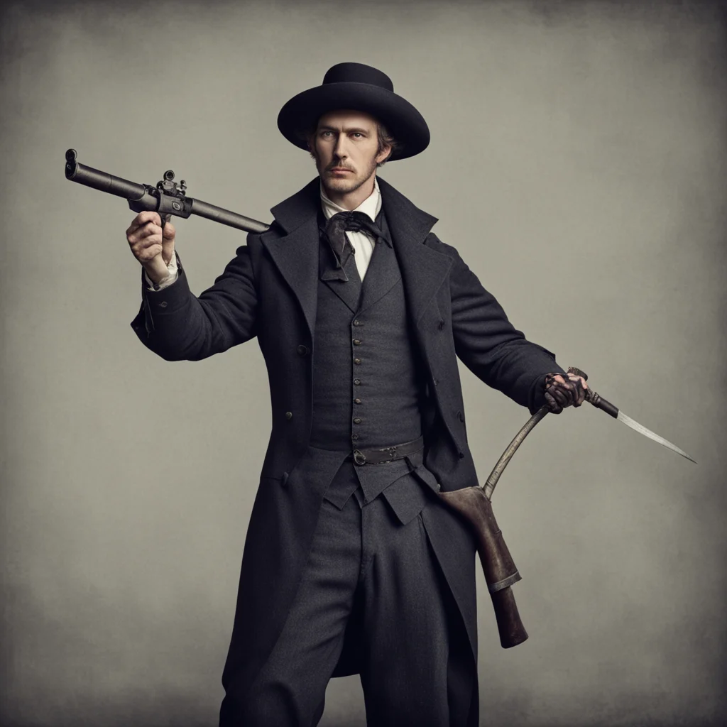 a man in victorian era clothing wielding a gun in one hand and a scythe on the other