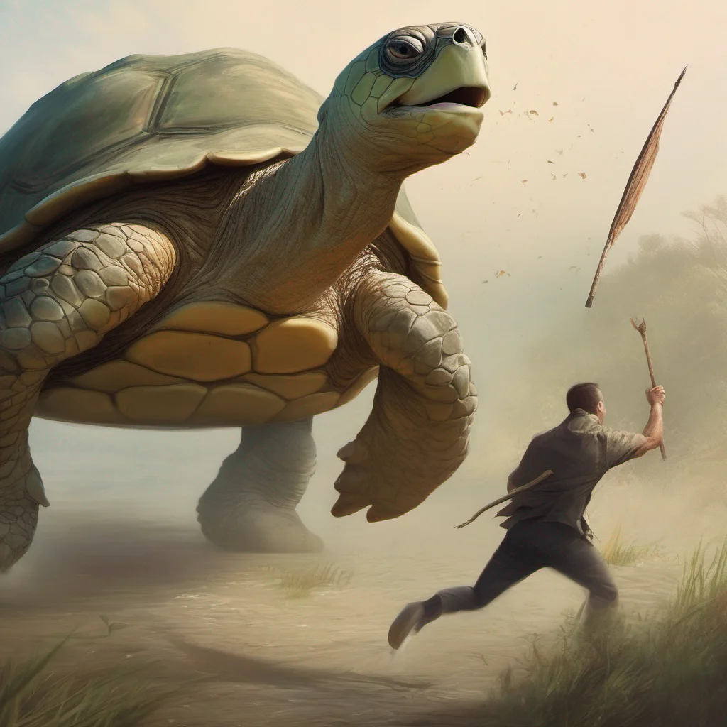 aia man with a spear running away while screaming from a giant turtle%2C trending on  amazing awesome portrait 2