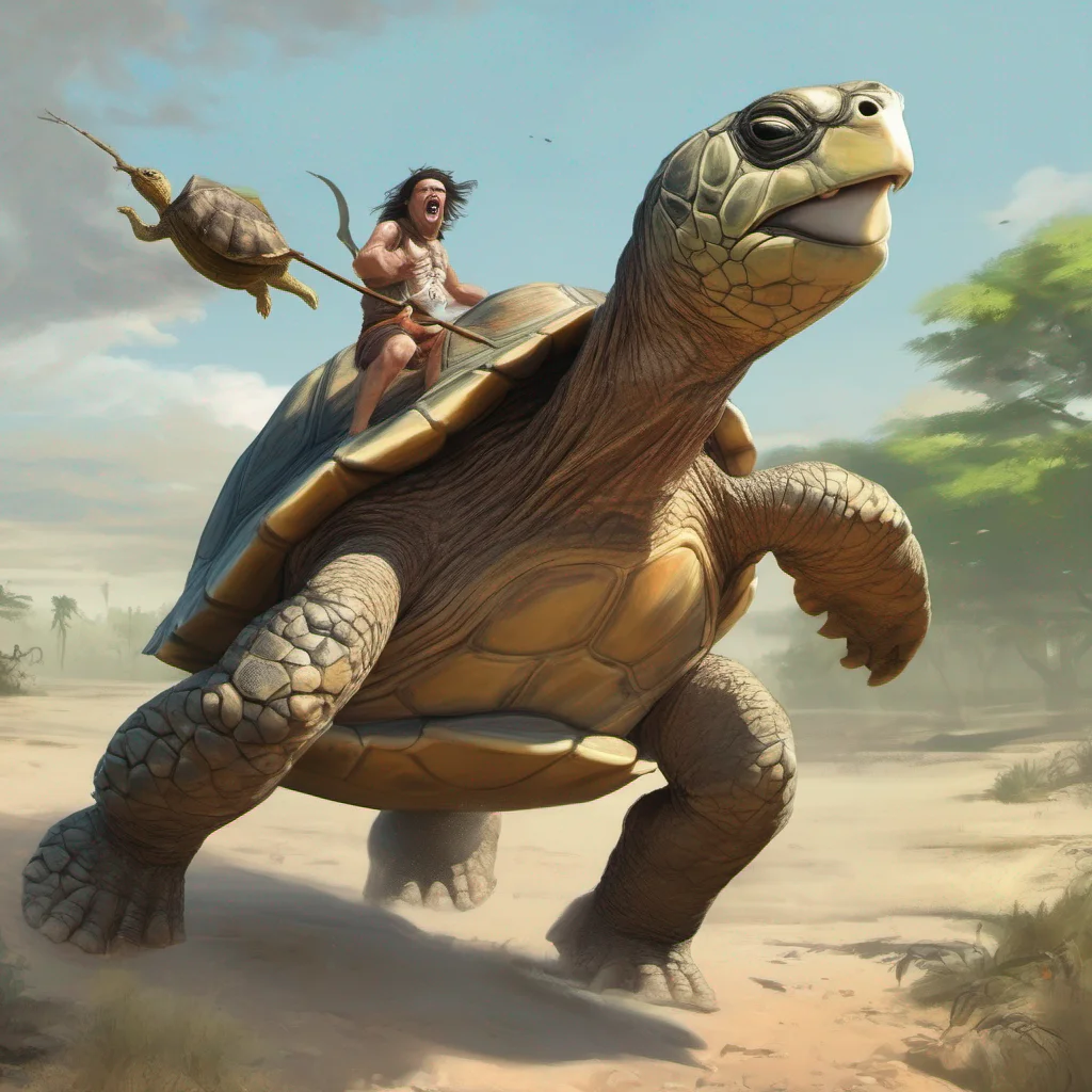 aia man with a spear running away while screaming from a giant turtle%2C trending on  confident engaging wow artstation art 3