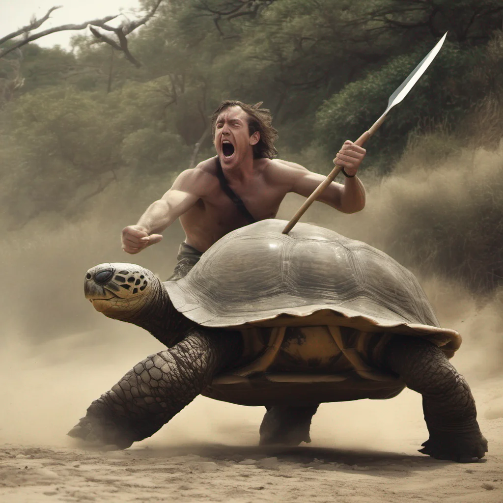 aia man with a spear running away while screaming from a giant turtle%2C trending on  good looking trending fantastic 1